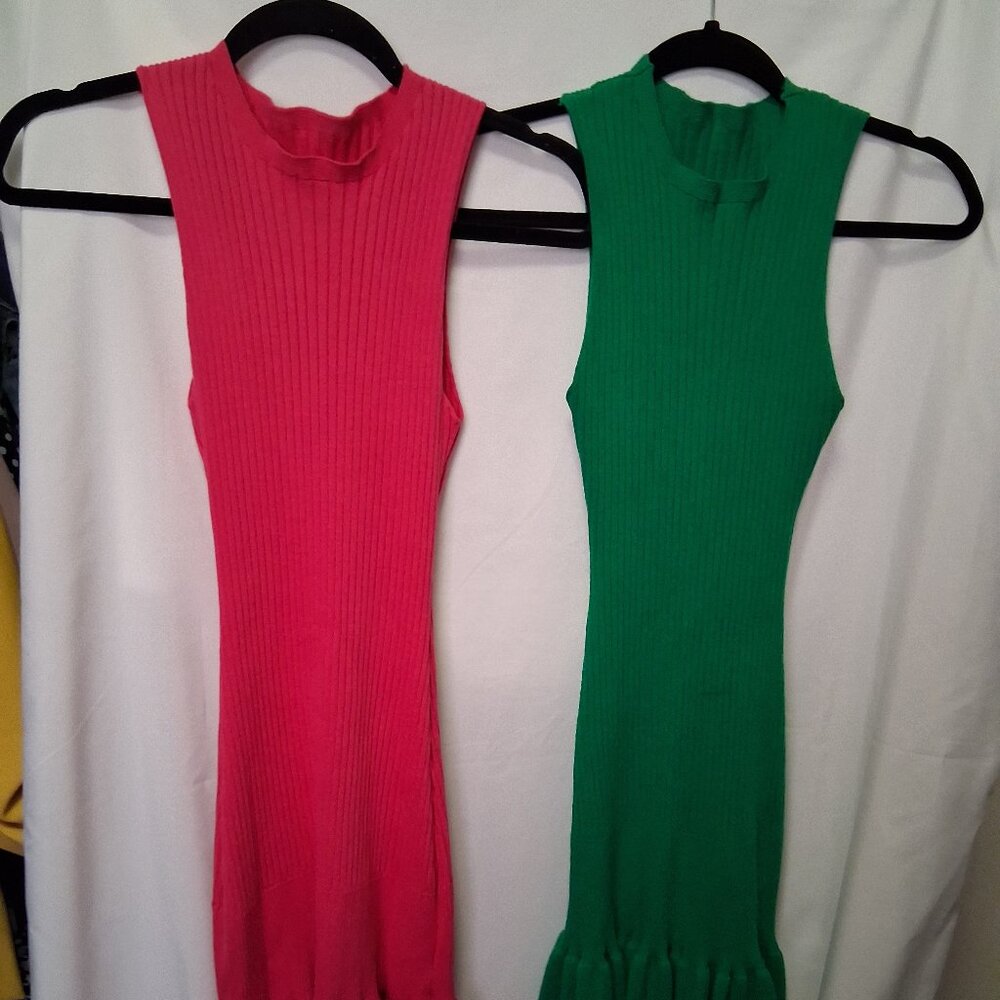 Shein Women Rib Mini Dresses Thrill Bottom Sleevless Form Fitting-Green & Pink-S